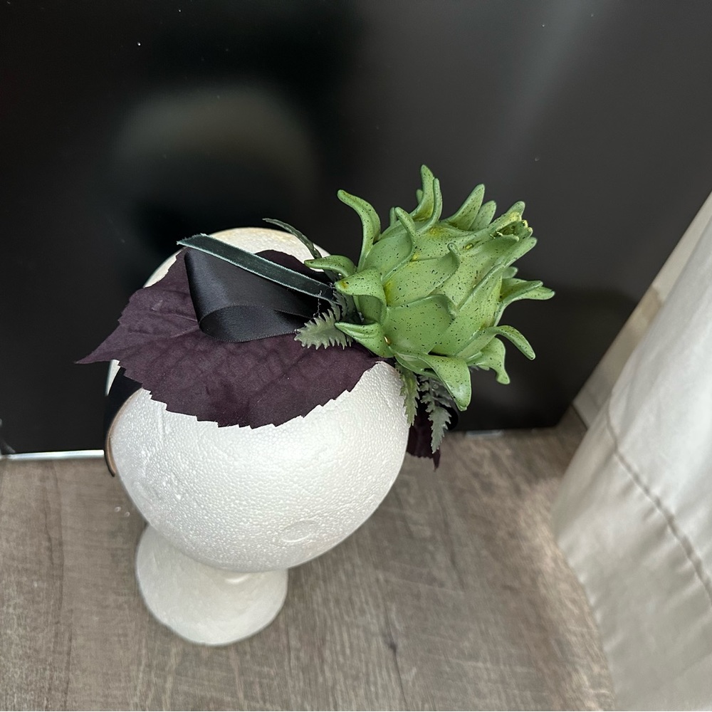 Handmade Designer Fascinator Headband Black Green Purple Thistle Artichoke Bow - Picture 3 of 16